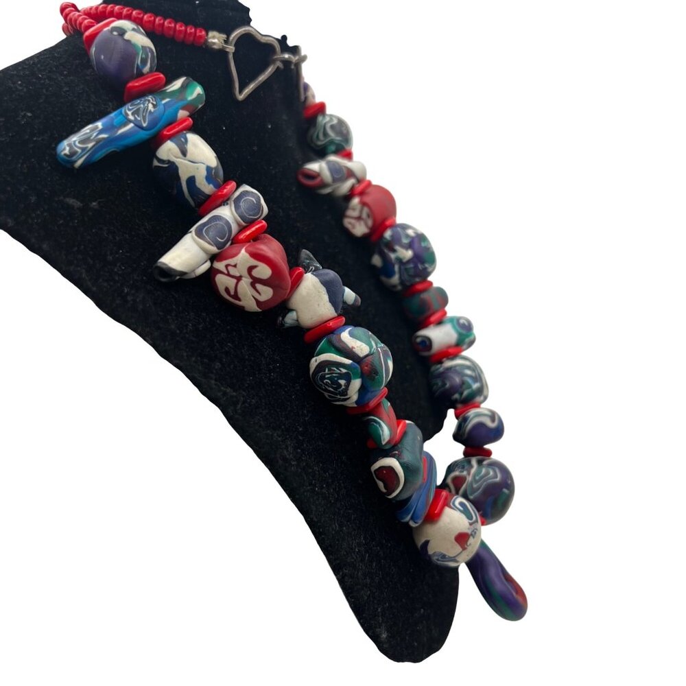 Vintage Handmade Polymer Clay Necklace Sterling Silver Clasp 24" Red Blue Art - Picture 7 of 16